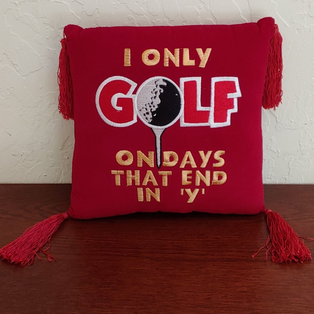 Funny Deep Red Velvet Tassel "I Only Golf On Days That End in Y" Throw Pillow